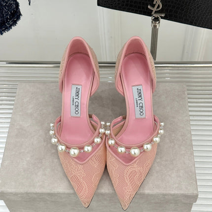 JIMMY CHOO 26S HIGH HEELS 85 MM IN LIGHT PINK LACE PEARL-EMBELLISHED