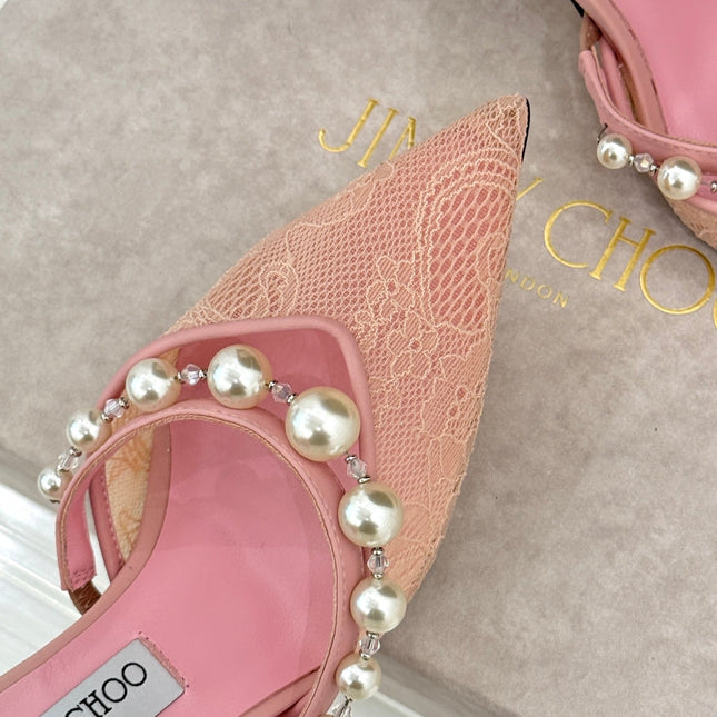 JIMMY CHOO 26S HIGH HEELS 65 MM IN LIGHT PINK LACE PEARL-EMBELLISHED
