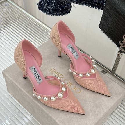 JIMMY CHOO 26S HIGH HEELS 85 MM IN LIGHT PINK LACE PEARL-EMBELLISHED