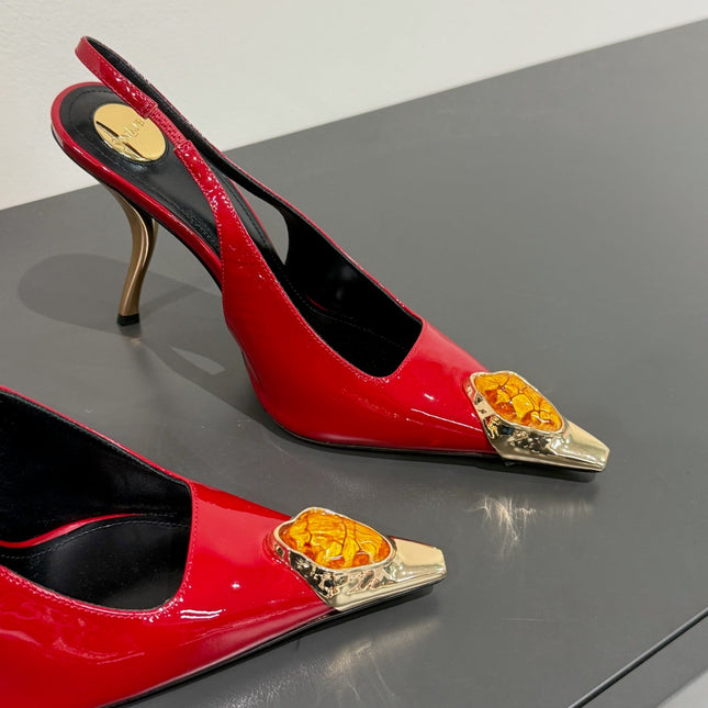 ORANGE GEM-STUDDED SLINGBACK PUMPS IN RED PATENT CALFSKIN