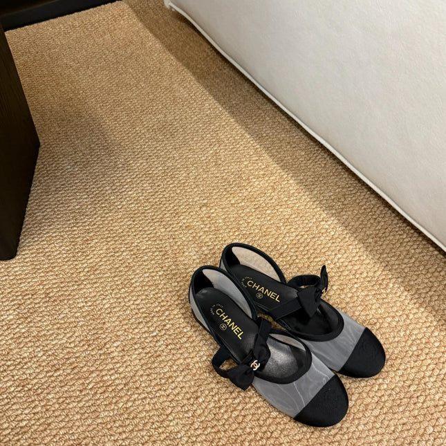 CHANEL 26S MARY JANE FLATS IN BLACK AND GREY MESH RIBBON STRAP CAP TOE