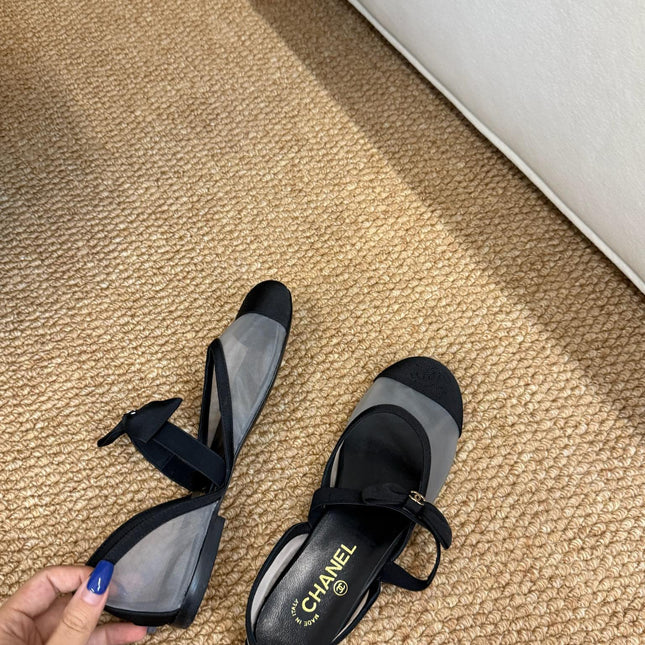 CHANEL 26S MARY JANE FLATS IN BLACK AND GREY MESH RIBBON STRAP CAP TOE