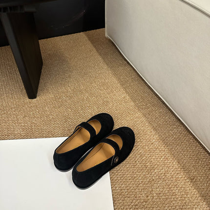 CHANEL 26S MARY JANE FLATS IN BLACK SUEDE CC LOGO