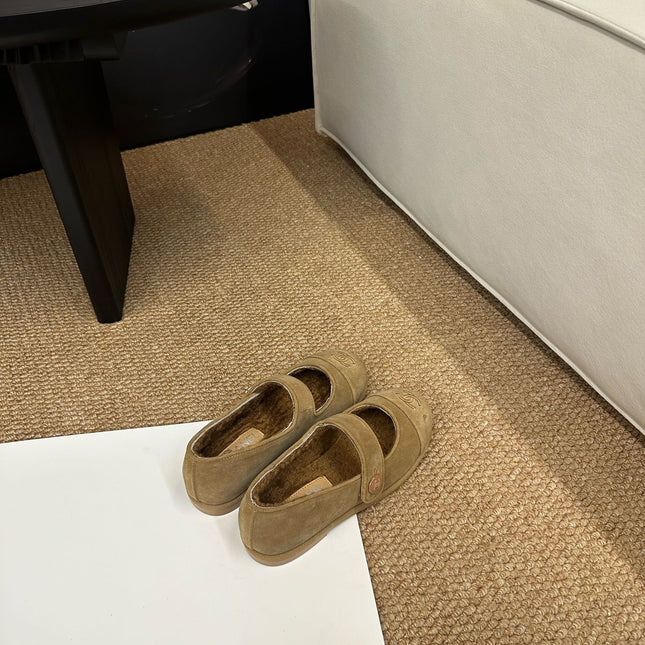CHANEL 26S MARY JANE FLATS IN CARAMEL BROWN SUEDE SHEARLING LINING CC LOGO