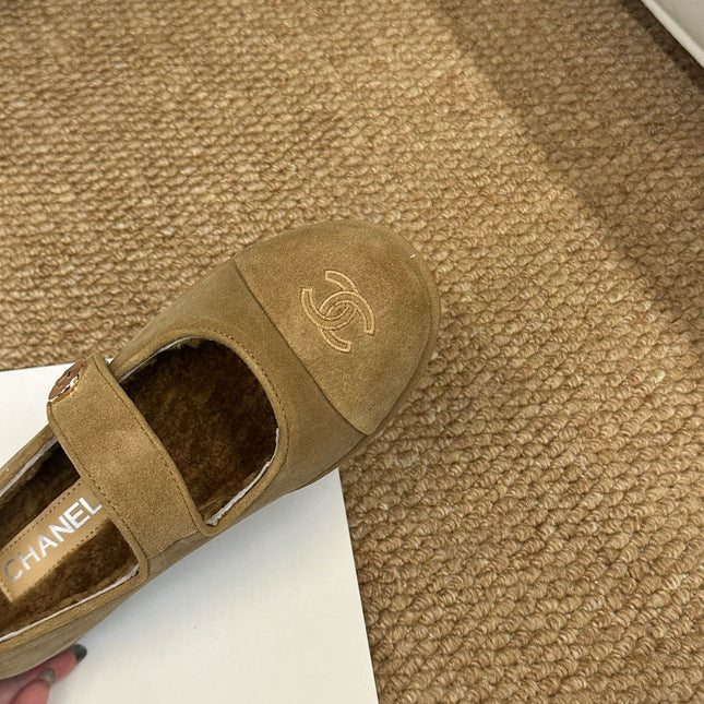 CHANEL 26S MARY JANE FLATS IN CARAMEL BROWN SUEDE SHEARLING LINING CC LOGO