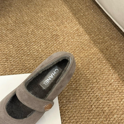 CHANEL 26S MARY JANE FLATS IN TAUPE BROWN SUEDE SHEARLING LINING CC LOGO