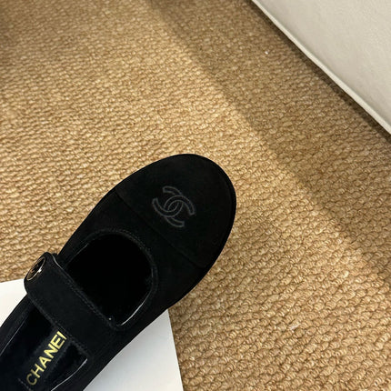 CHANEL 26S MARY JANE FLATS IN BLACK SUEDE WITH CC LOGO
