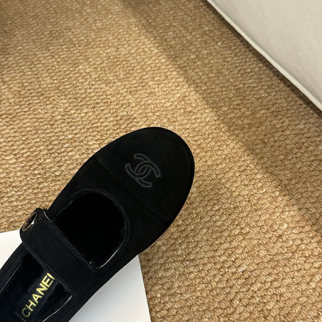 CHANEL 26S MARY JANE FLATS IN BLACK SUEDE WITH CC LOGO