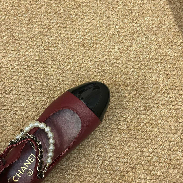 CHANEL 26S MARY JANE PEARL STRAP FLATS IN BURGUNDY RED CALFSKIN