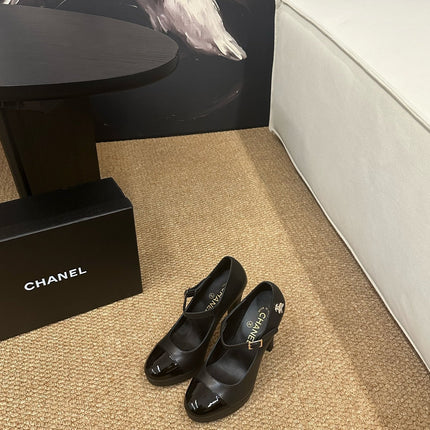 CHANEL 26S MARY JANE HEELS IN BLACK CALFSKIN CAP TOE