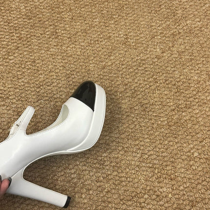 CHANEL 26S MARY JANE HEELS IN WHITE CALFSKIN WITH BLACK CAP TOE