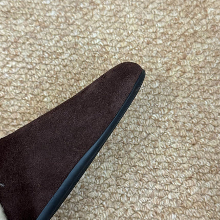 PRADA 26S SHEARLING MULE SLIPPERS IN CHOCOLATE BROWN SUEDE