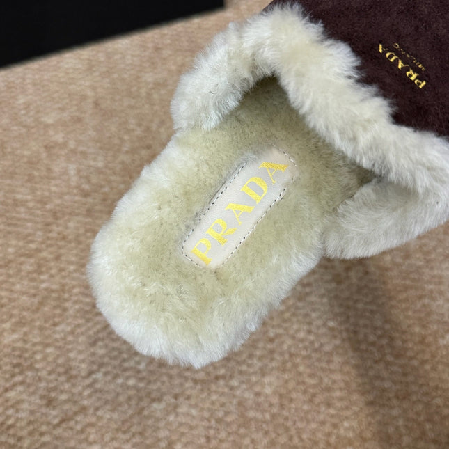 PRADA 26S SHEARLING MULE SLIPPERS IN CHOCOLATE BROWN SUEDE