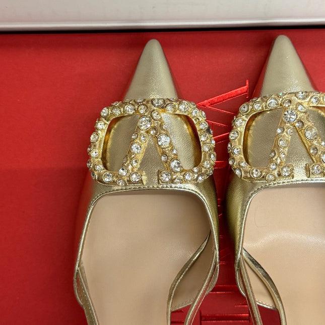 VALENTINO 26S HIGH HEEL SLINGBACKS IN METALLIC GOLD CALFSKIN WITH CRYSTAL