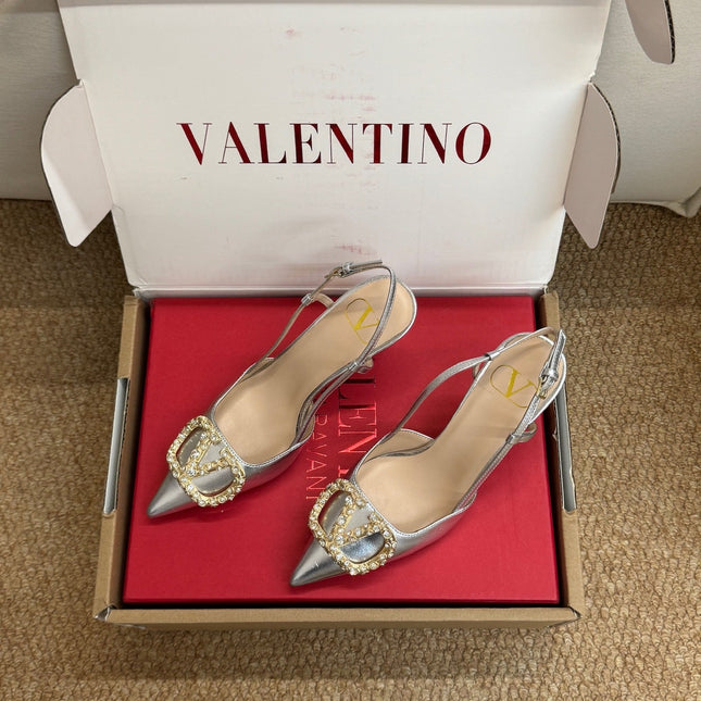 VALENTINO 26S HIGH HEEL SLINGBACKS IN METALLIC SILVER CALFSKIN WITH CRYSTAL