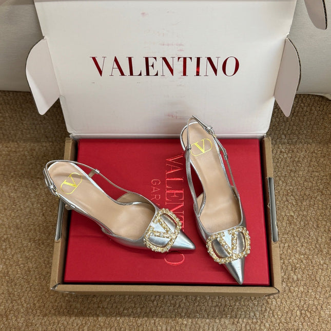 VALENTINO 26S HIGH HEEL SLINGBACKS IN METALLIC SILVER CALFSKIN WITH CRYSTAL
