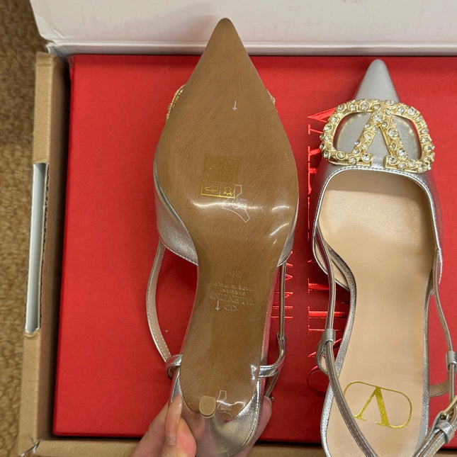 VALENTINO 26S HIGH HEEL SLINGBACKS IN METALLIC SILVER CALFSKIN WITH CRYSTAL