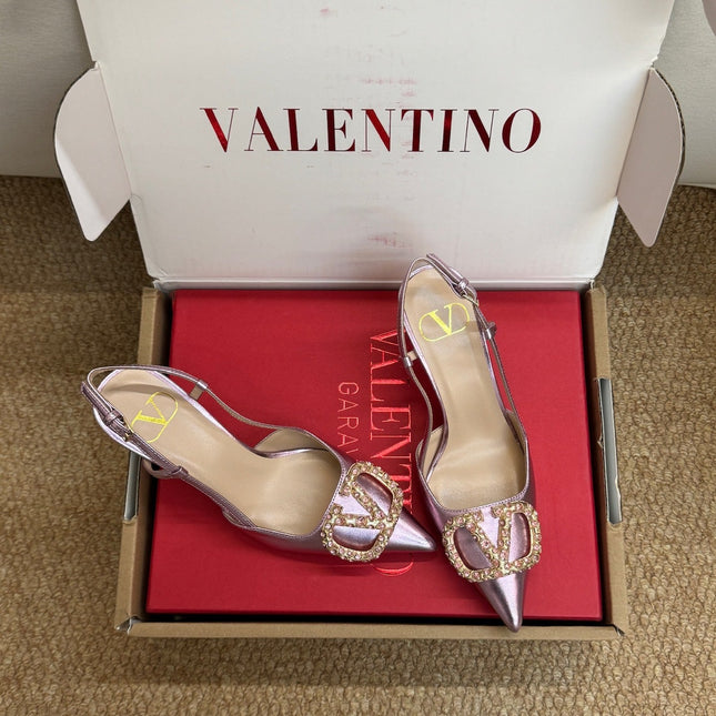 VALENTINO 26S HIGH HEEL SLINGBACKS IN METALLIC PINK CALFSKIN WITH CRYSTAL