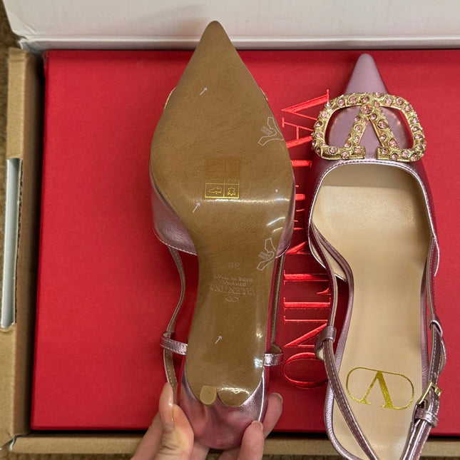 VALENTINO 26S HIGH HEEL SLINGBACKS IN METALLIC PINK CALFSKIN WITH CRYSTAL