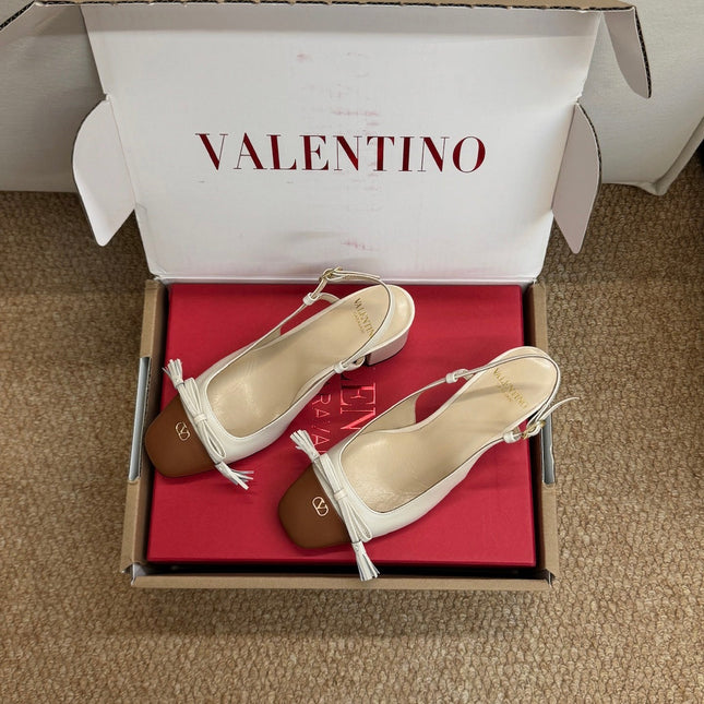 VALENTINO 26S HIGH HEEL SLINGBACKS IN BROWN AND CREAM WHITE CALFSKIN