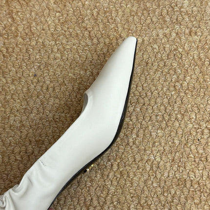PRADA 26S POINTED TOE PUMPS 50MM IN WHITE CALFSKIN