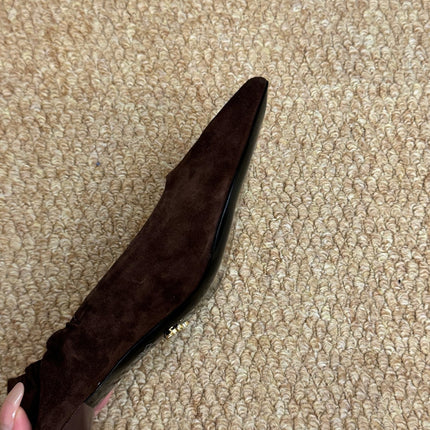 PRADA 26S POINTED TOE PUMPS 50MM IN DARK BROWN SUEDE