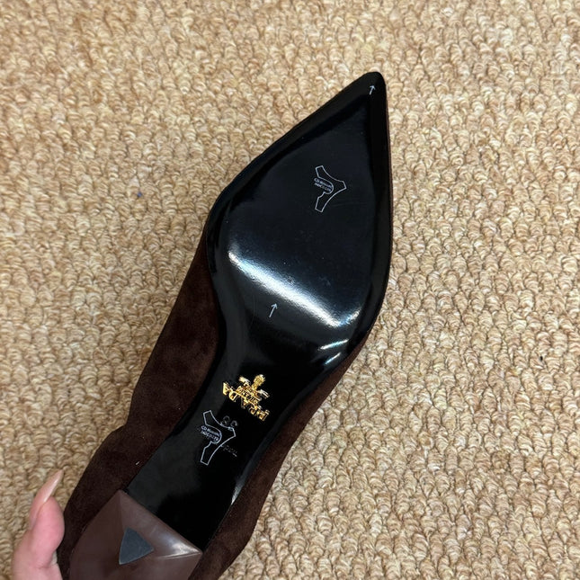 PRADA 26S POINTED TOE PUMPS 50MM IN DARK BROWN SUEDE