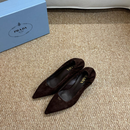 PRADA 26S POINTED TOE PUMPS 50MM IN DARK BROWN SUEDE