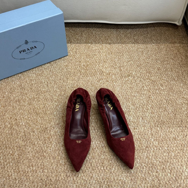 PRADA 26S POINTED TOE PUMPS 50MM IN DARK RED SUEDE
