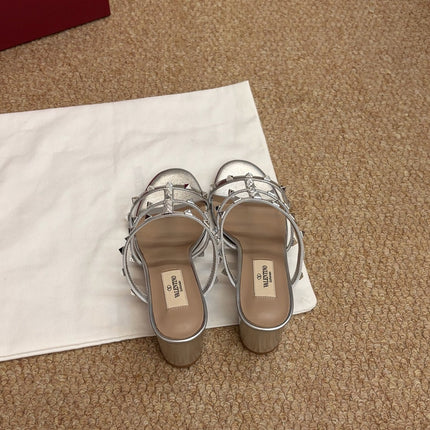 VALENTINO 26S ROCKSTUD HIGH HEEL SANDALS IN SILVER CALFSKIN