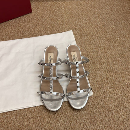VALENTINO 26S ROCKSTUD HIGH HEEL SANDALS IN SILVER CALFSKIN