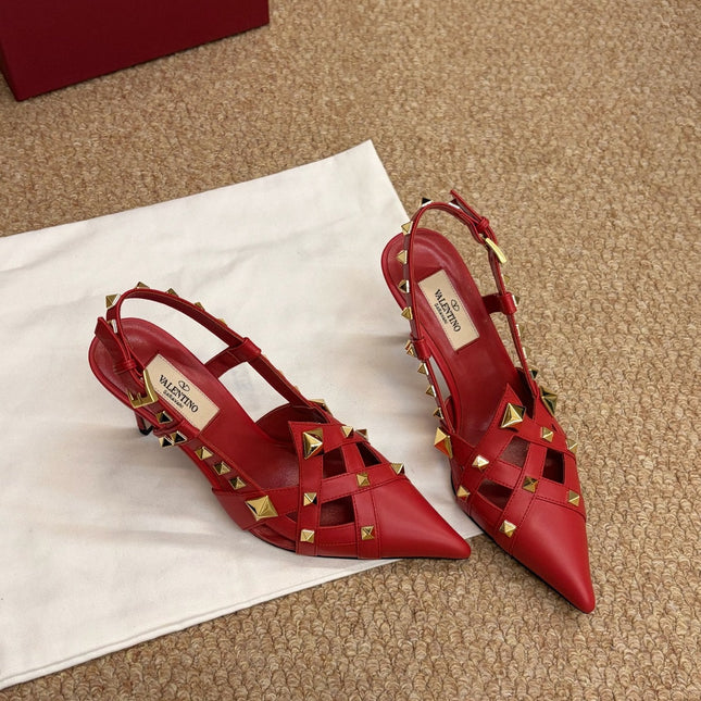 VALENTINO 26S ROCKSTUD SLINGBACK HEELS IN RED CALFSKIN