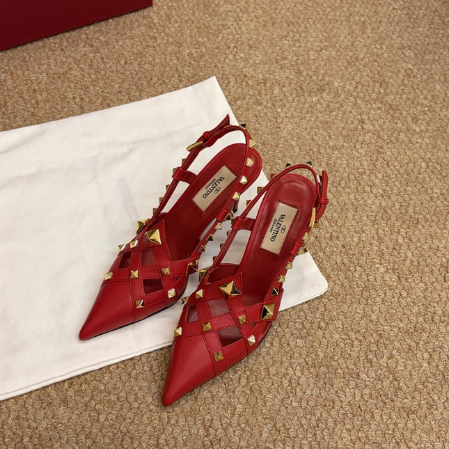 VALENTINO 26S ROCKSTUD SLINGBACK HEELS IN RED CALFSKIN