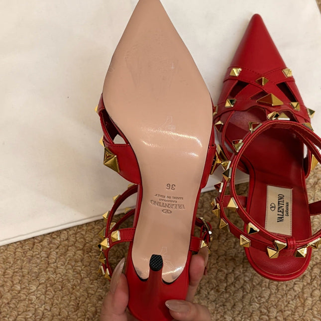 VALENTINO 26S OCKSTUD HEELS IN RED CALFSKIN