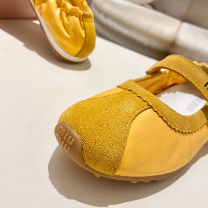 MIUMIU 26S RUCHES NAPPA BALLERINAS IN YELLOW SUEDE AND FABRIC