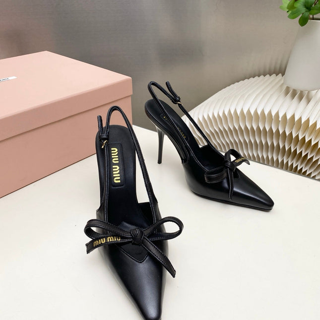 MIUMIU 26S SLINGBACK PUMPS 105MM IN BLACK CALFSKIN WITH BOW
