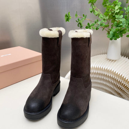 MIUMIU 26S MID CALF BOOT IN DARK BROWN  SUEDE AND SHEARLING