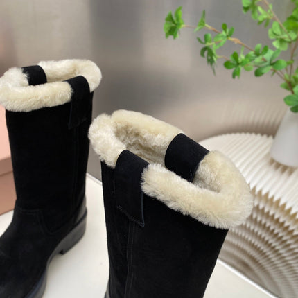 MIUMIU 26S MID CALF BOOT IN BLACK SUEDE AND SHEARLING