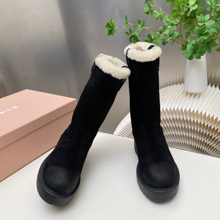 MIUMIU 26S MID CALF BOOT IN BLACK SUEDE AND SHEARLING