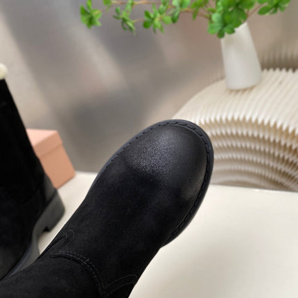 MIUMIU 26S MID CALF BOOT IN BLACK SUEDE AND SHEARLING