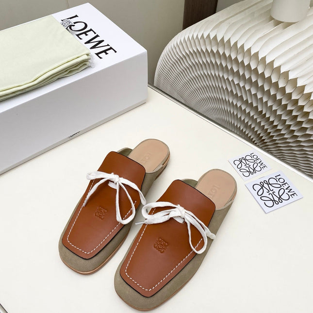 LOEWE 26S FLAT MULES IN BROWN CALFSKIN AND SUEDE