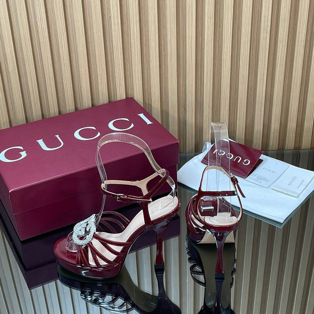 GUCCI 26S HIGH-HEELED SANDALS 125 MM IN DARK RED CALFSKIN