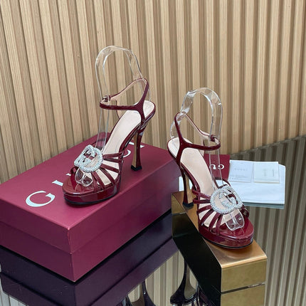 GUCCI 26S HIGH-HEELED SANDALS 125 MM IN DARK RED CALFSKIN