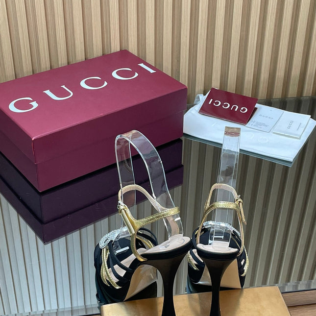 GUCCI 26S HIGH-HEELED SANDALS 125 MM IN BLACK SATIN AND GOLD CALFSKIN