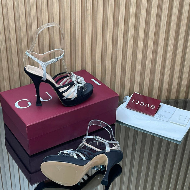 GUCCI 26S HIGH-HEELED SANDALS 125 MM IN BLACK SATIN AND SILVER CALFSKIN