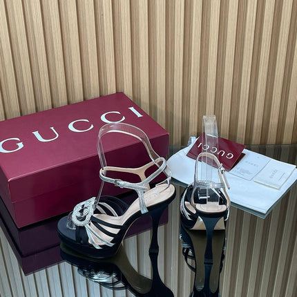 GUCCI 26S HIGH-HEELED SANDALS 125 MM IN BLACK SATIN AND SILVER CALFSKIN