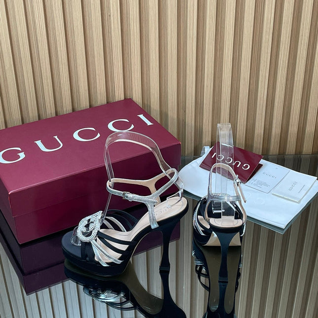 GUCCI 26S HIGH-HEELED SANDALS 125 MM IN BLACK SATIN AND SILVER CALFSKIN