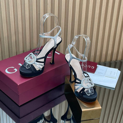 GUCCI 26S HIGH-HEELED SANDALS 125 MM IN BLACK SATIN AND SILVER CALFSKIN