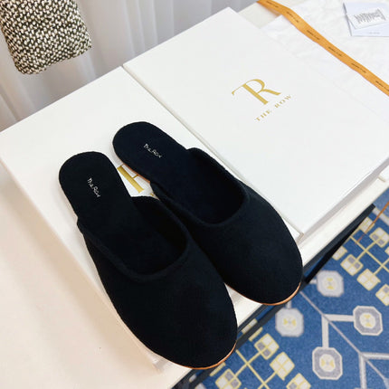 THE ROW 26S ROUND TOE MULES IN NAVY BLUE SUEDE