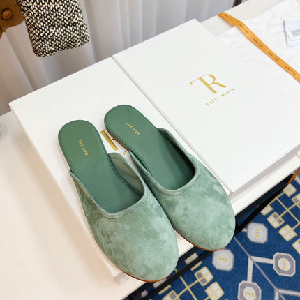 THE ROW 26S ROUND TOE MULES IN SAGE GREEN SUEDE